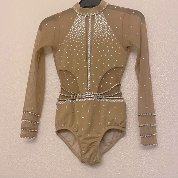 LA dance solo custom tan nude beige long leotard costume mesh rhinestones LC - Picture 3 of 16
